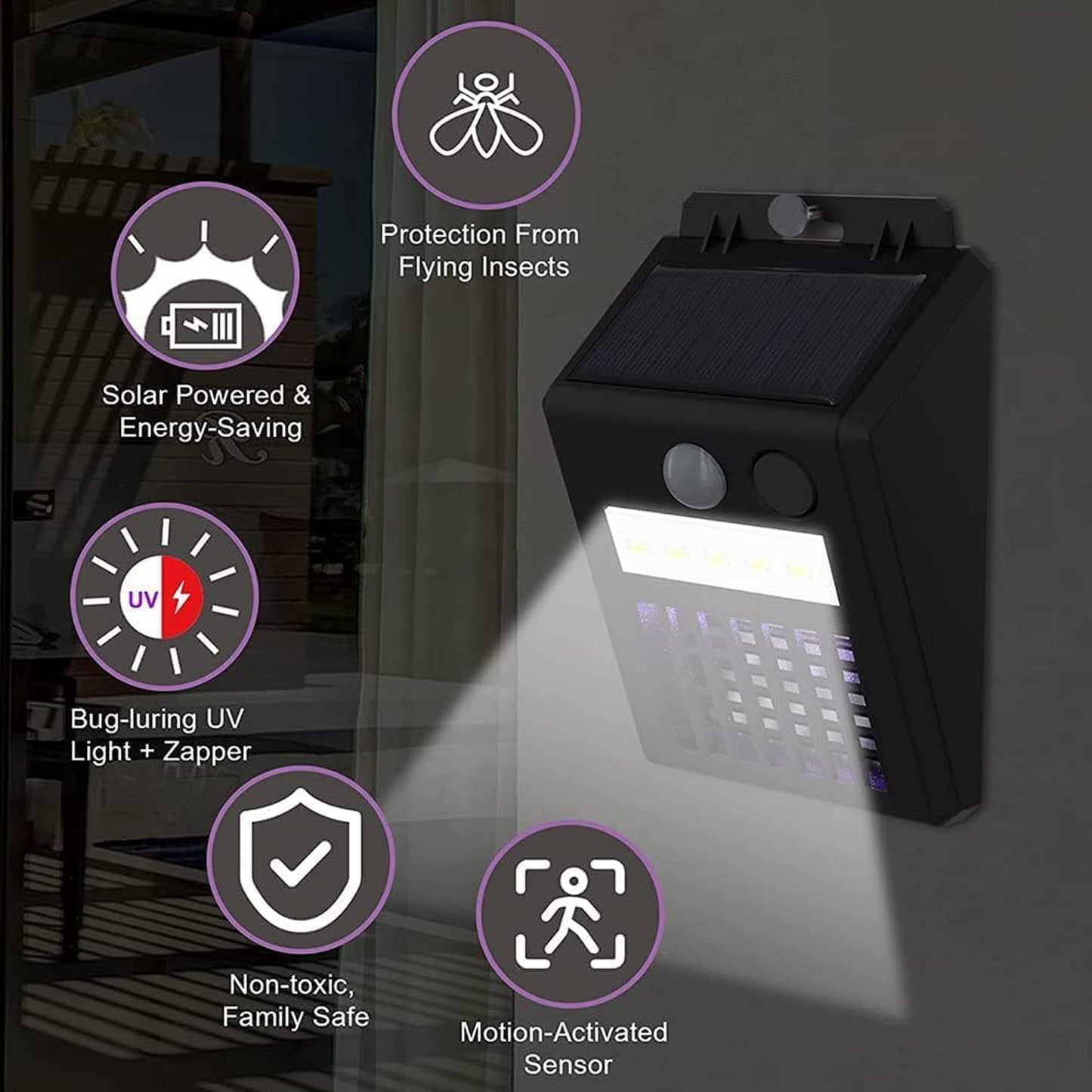 Wukusy outdoor 2-in-1 solar mosquito zapper lamp with electronic bug trap and UV light for home pest control