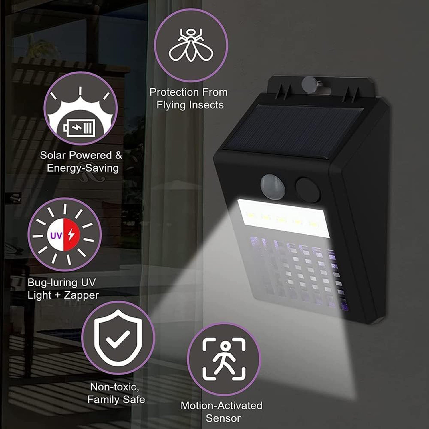 Wukusy outdoor 2-in-1 solar mosquito zapper lamp with electronic bug trap and UV light for home pest control