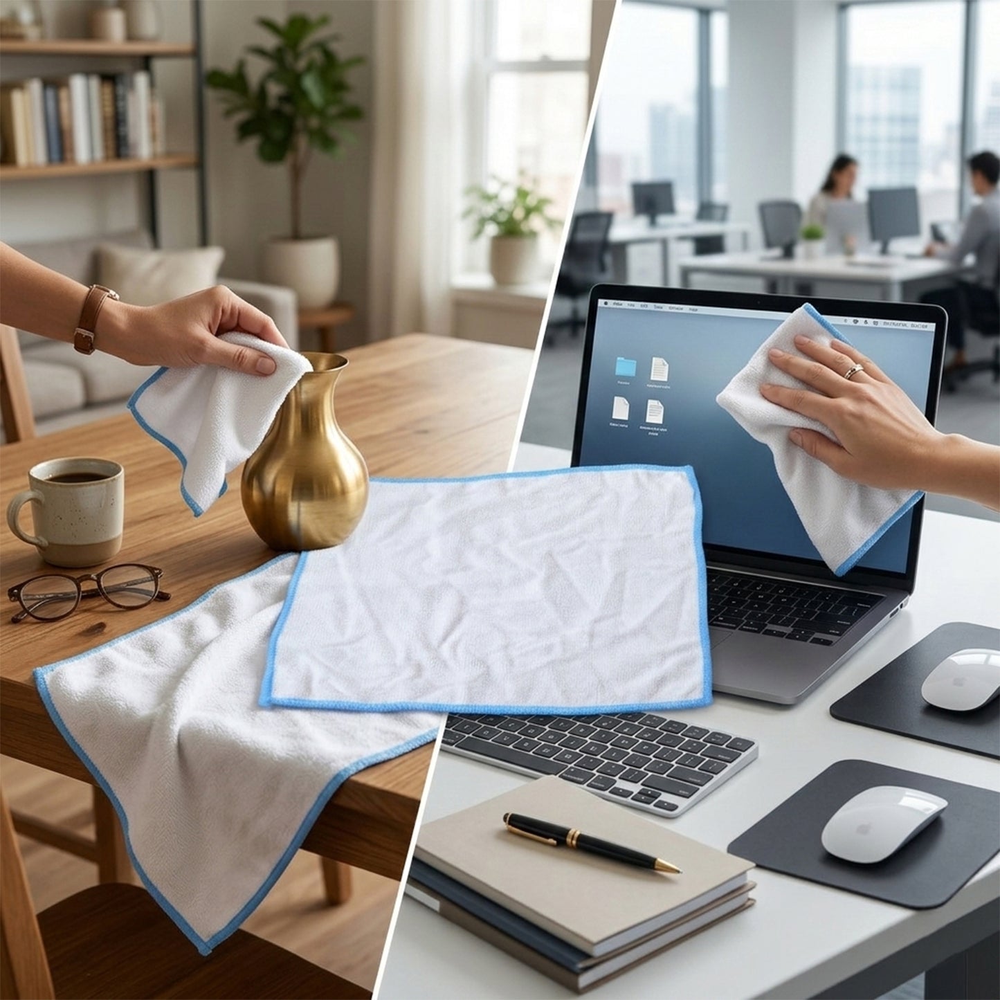 Set of four Wukusy microfiber cleaning cloths, 28x29 cm, soft and absorbent for effective dust and stain removal.
