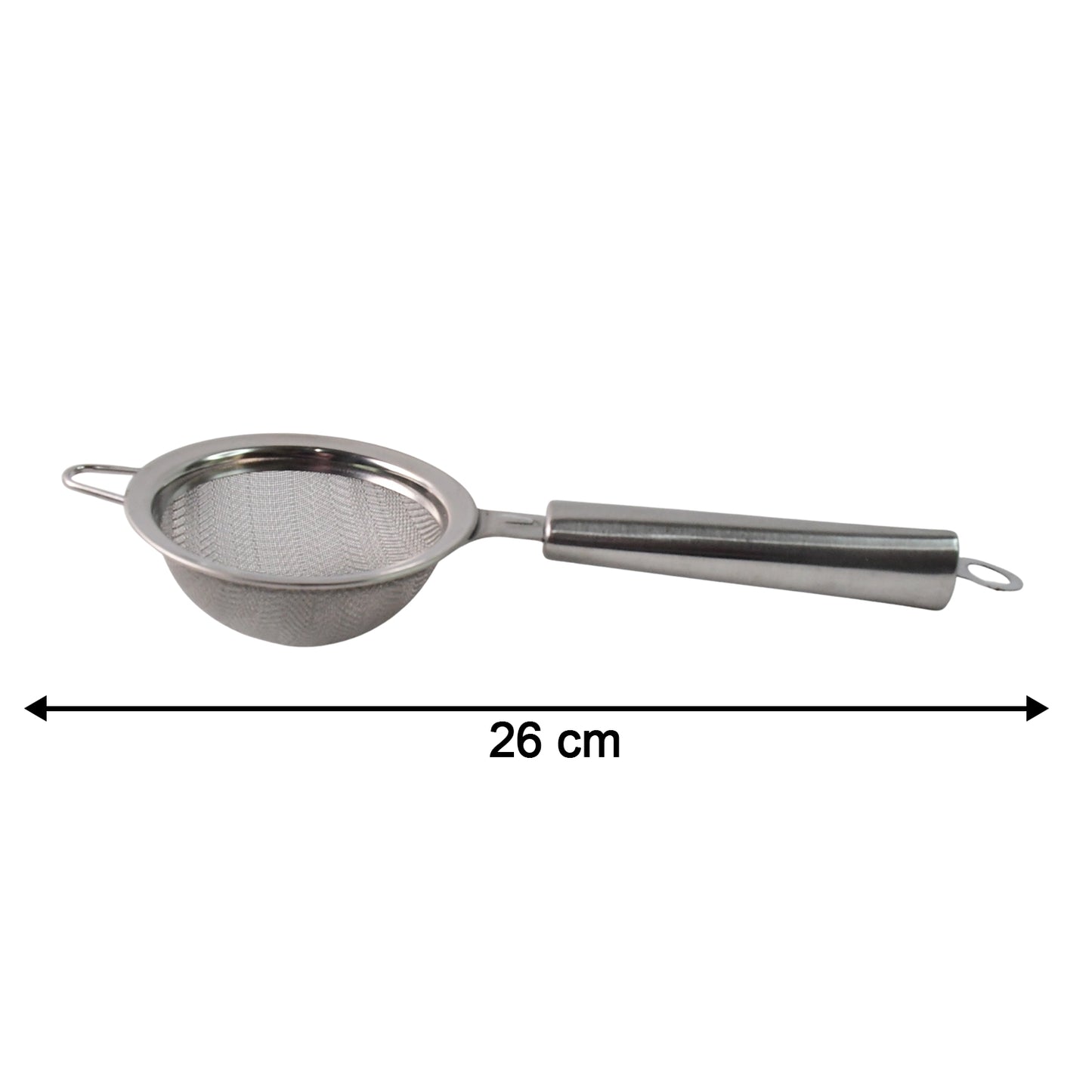 Wukusy Supermom stainless steel mesh strainer for kitchen use, featuring fine mesh and sturdy handle for filtering and rinsing.