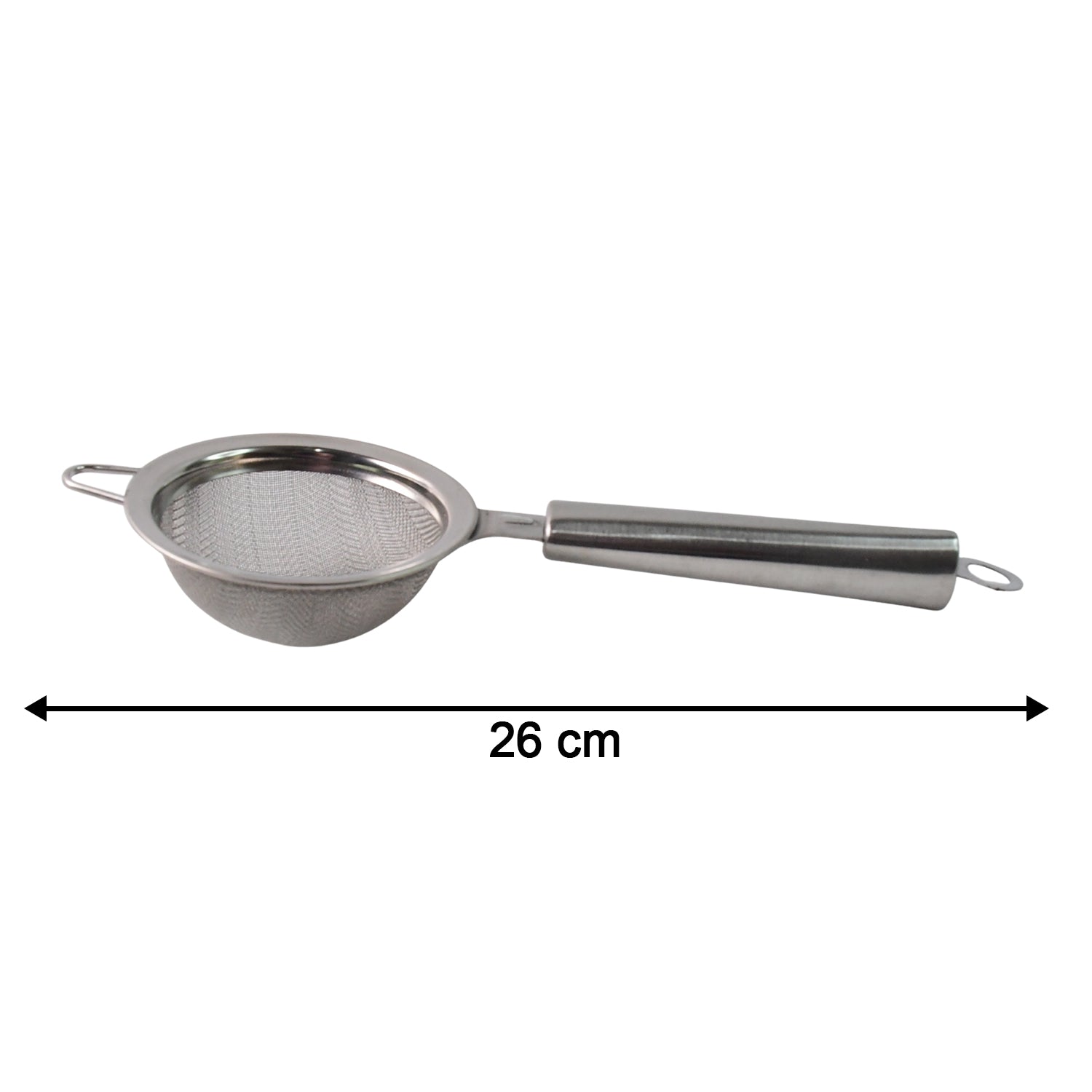 Wukusy Supermom stainless steel mesh strainer for kitchen use, featuring fine mesh and sturdy handle for filtering and rinsing.