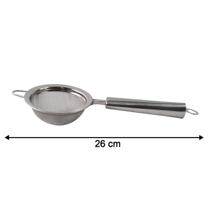 Wukusy Supermom stainless steel mesh strainer for kitchen use, featuring fine mesh and sturdy handle for filtering and rinsing.