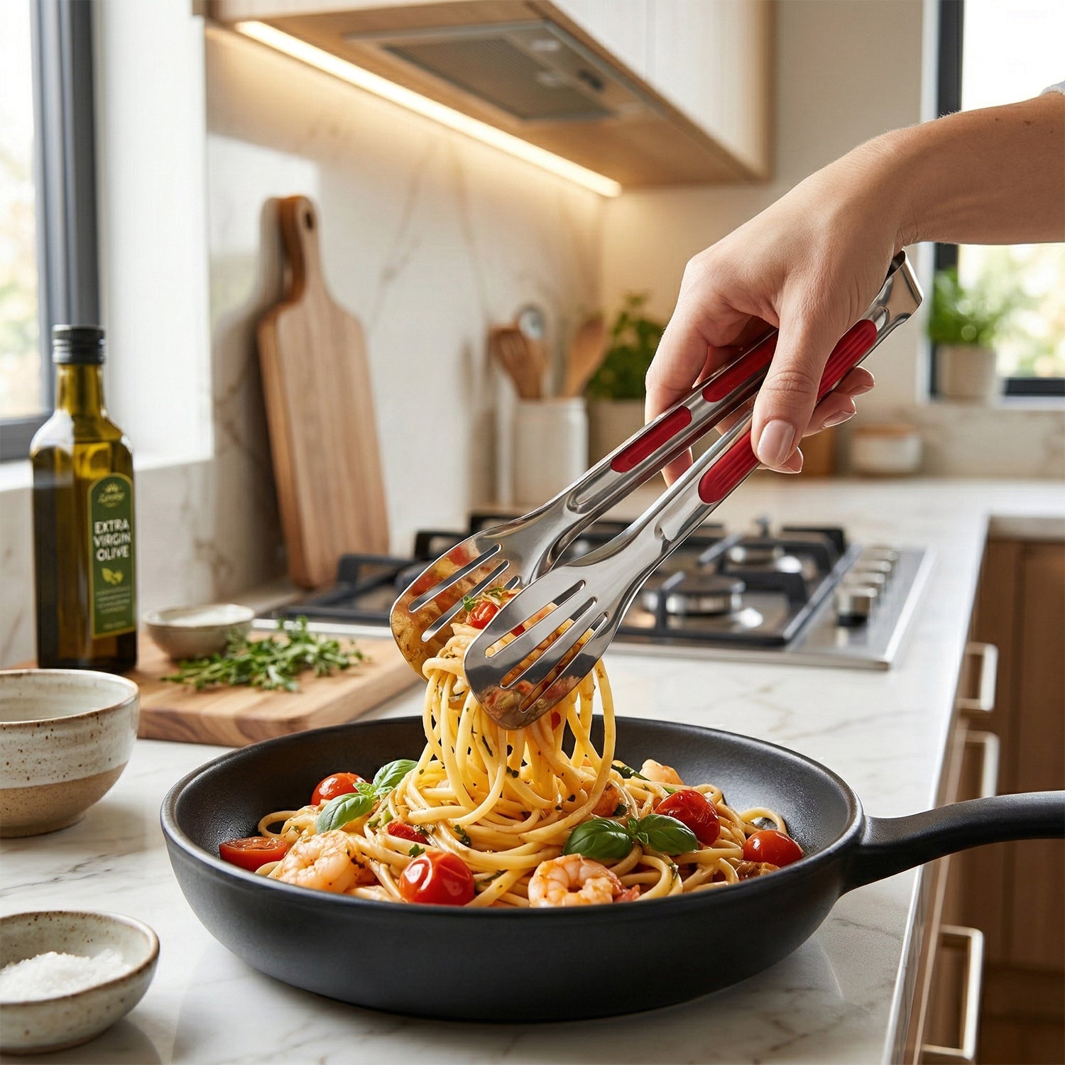 Wukusy stainless steel multi-purpose kitchen tongs with anti-slip grip, ideal for cooking and serving in the kitchen.