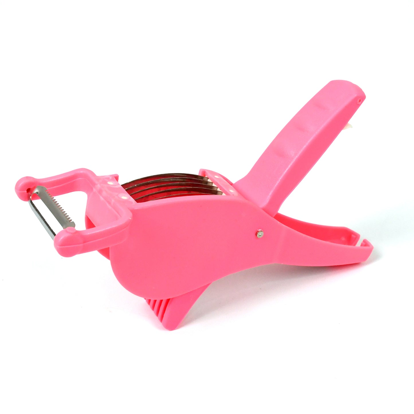 Wukusy plastic 2-in-1 vegetable and fruit multi cutter with 5 blades and peeler, multicolor kitchen tool for efficient food prep.