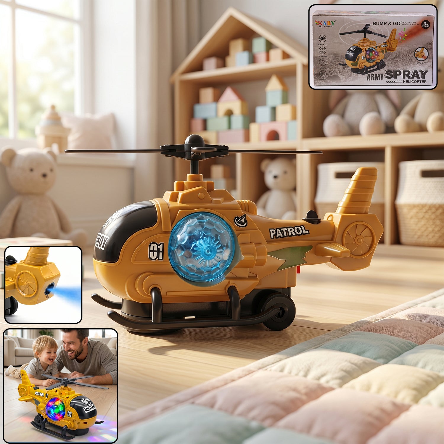 Wukusy military spray helicopter toy for kids with lights, music, and mist, features bump and go motion for exciting play.