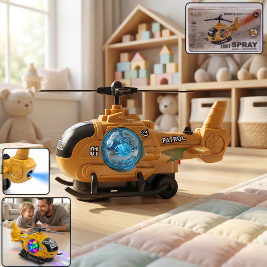 Wukusy military spray helicopter toy for kids with lights, music, and mist, features bump and go motion for exciting play.