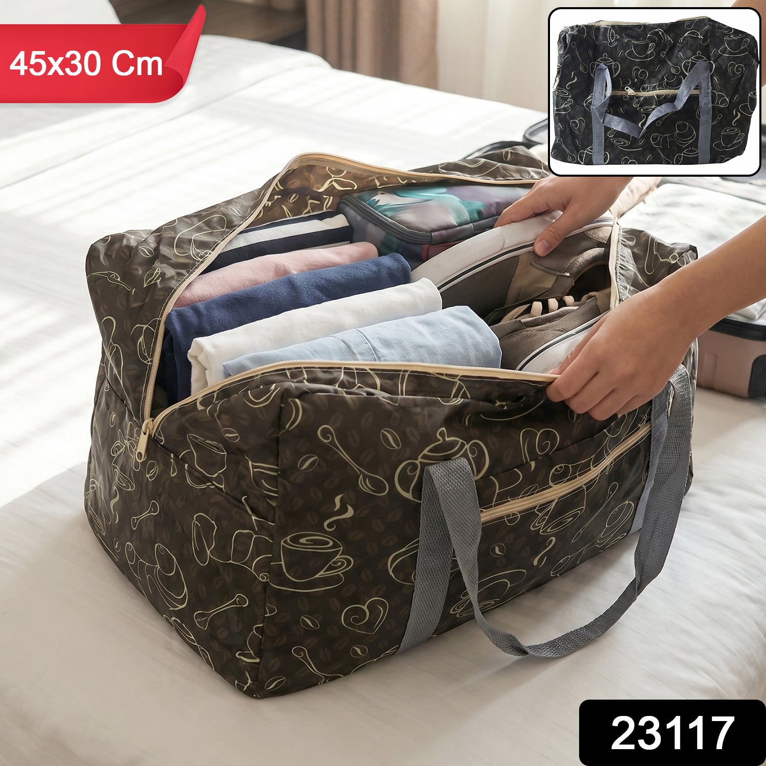 Foldable Wukusy storage bag with handles, 45x30cm, versatile travel organizer shown with open and closed views.