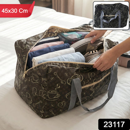 Foldable Wukusy storage bag with handles, 45x30cm, versatile travel organizer shown with open and closed views.
