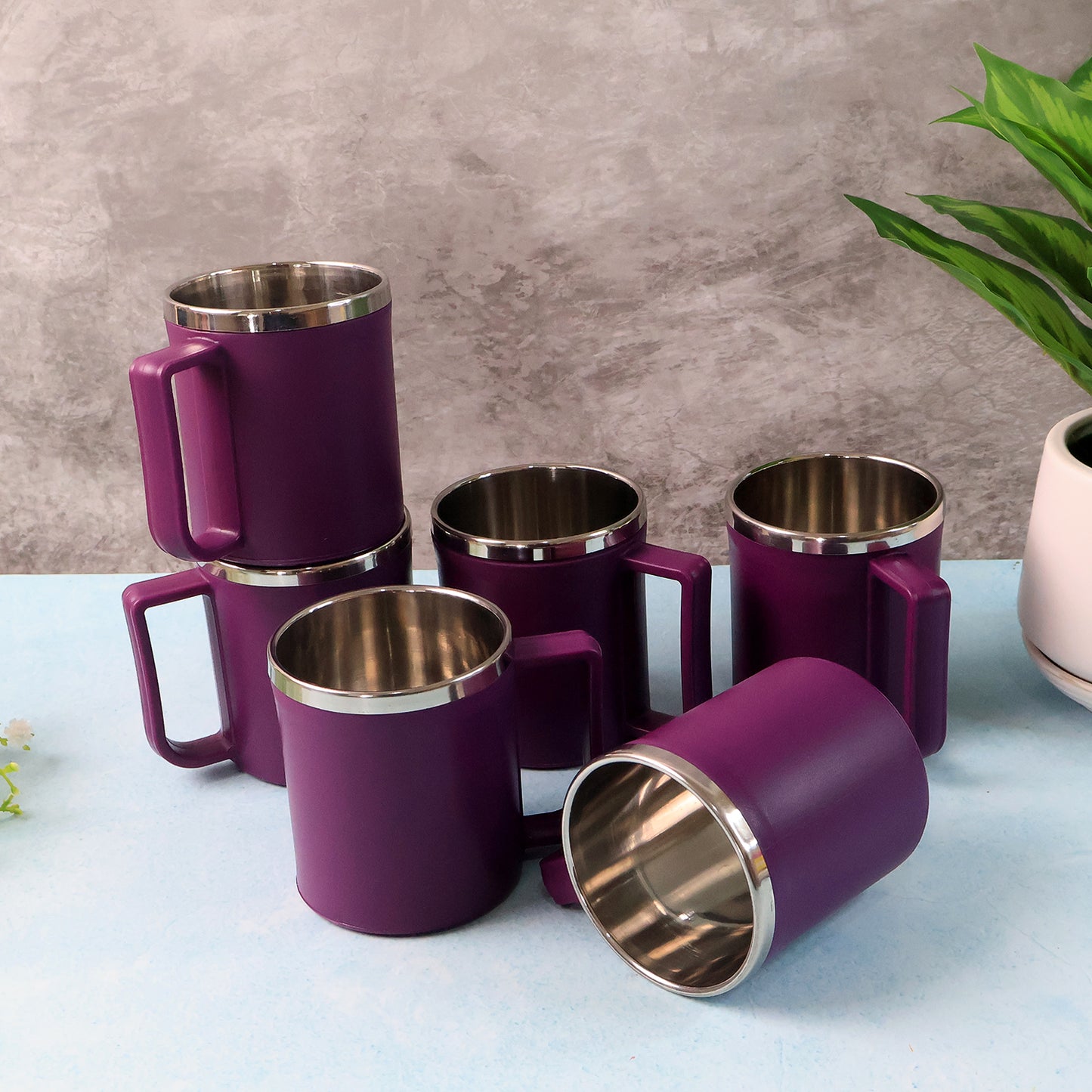 Six Wukusy Supermom stainless steel coffee mugs, 200ml, set of 6, with sleek inner design for home and kitchen use