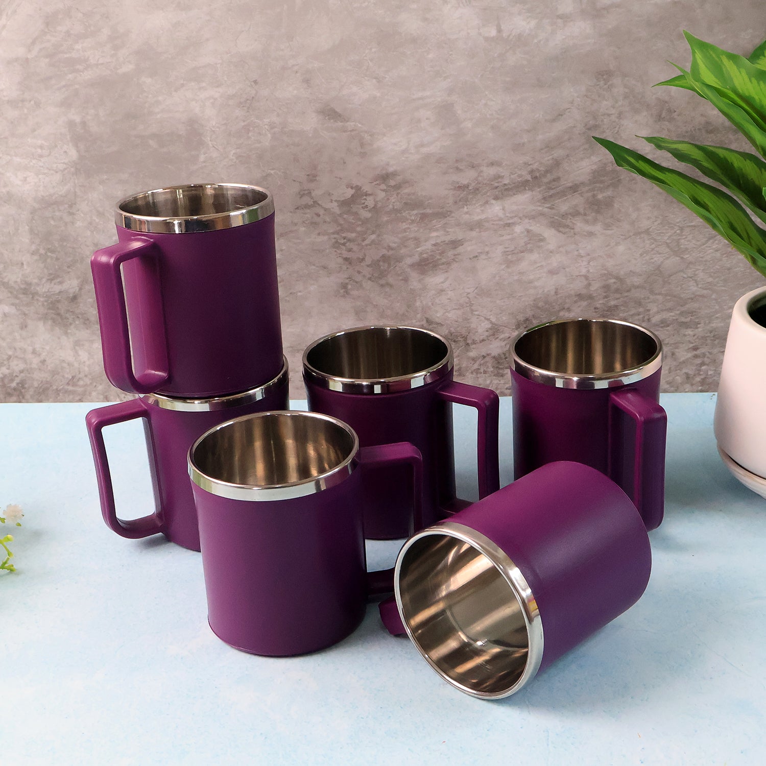 Six Wukusy Supermom stainless steel coffee mugs, 200ml, set of 6, with sleek inner design for home and kitchen use