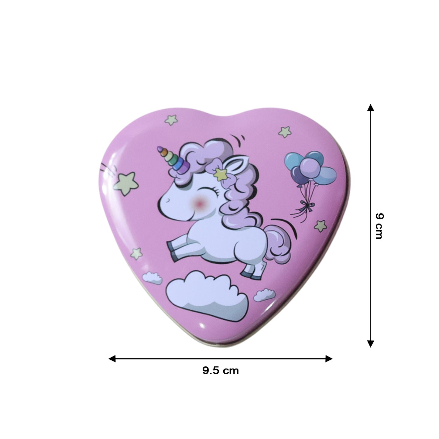Heart-shaped unicorn printed Wukusy storage box with colorful unicorn design, versatile and cute for organizing small items.