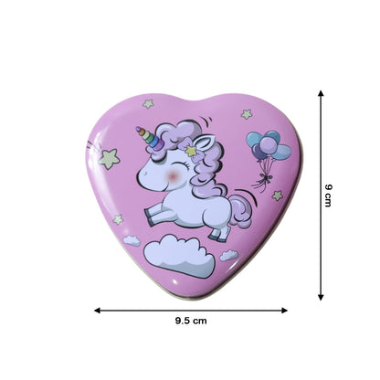 Heart-shaped unicorn printed Wukusy storage box with colorful unicorn design, versatile and cute for organizing small items.