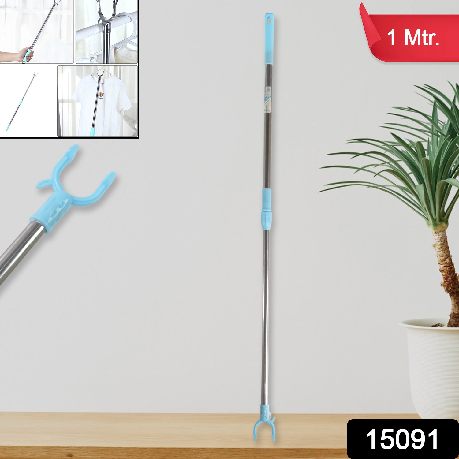 Wukusy stainless steel telescopic pole clothes hooks hanger extended to 1 meter, featuring multiple hooks for hanging clothes.