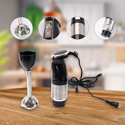 Wukusy stainless steel handheld emulsion blender with four-blade 1500W motor, shown in use blending ingredients.