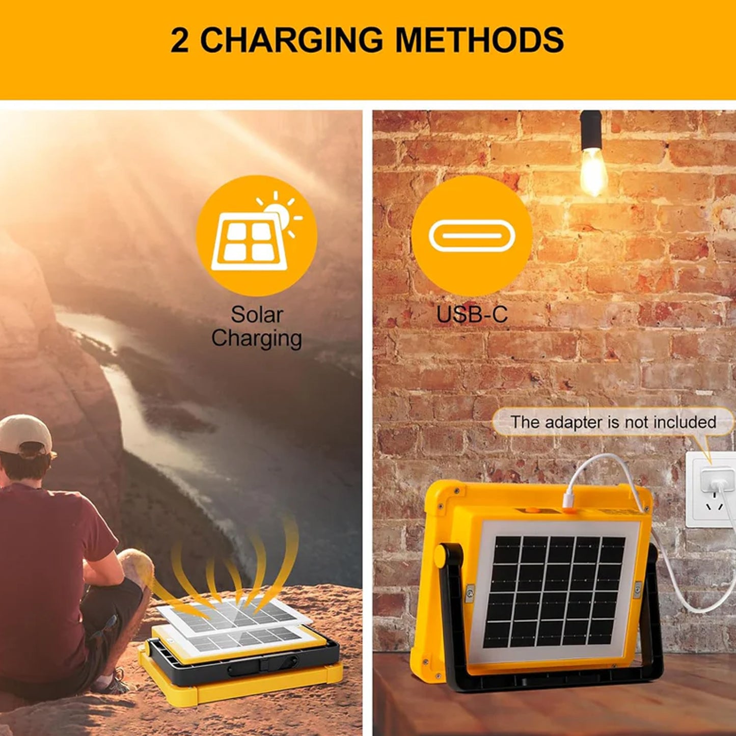 Wukusy high power solar LED flood light with 12000mAh battery, mounted outdoors showing bright LED illumination at night.