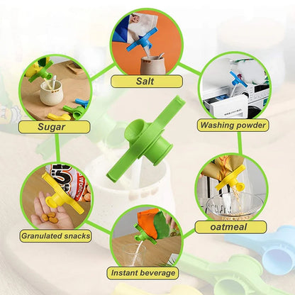 Wukusy packet pourer sealer clip set with four reusable clips for sealing and pouring food packets in the home kitchen.