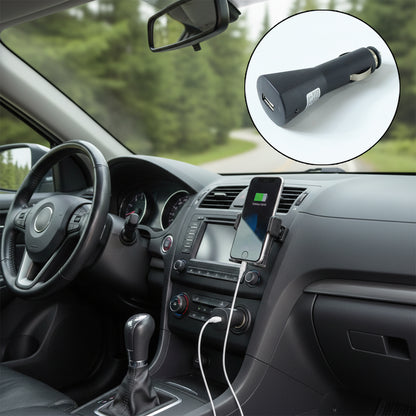 Wukusy 12V single USB car charger adapter for mobile devices, shown plugged into a car cigarette lighter port.