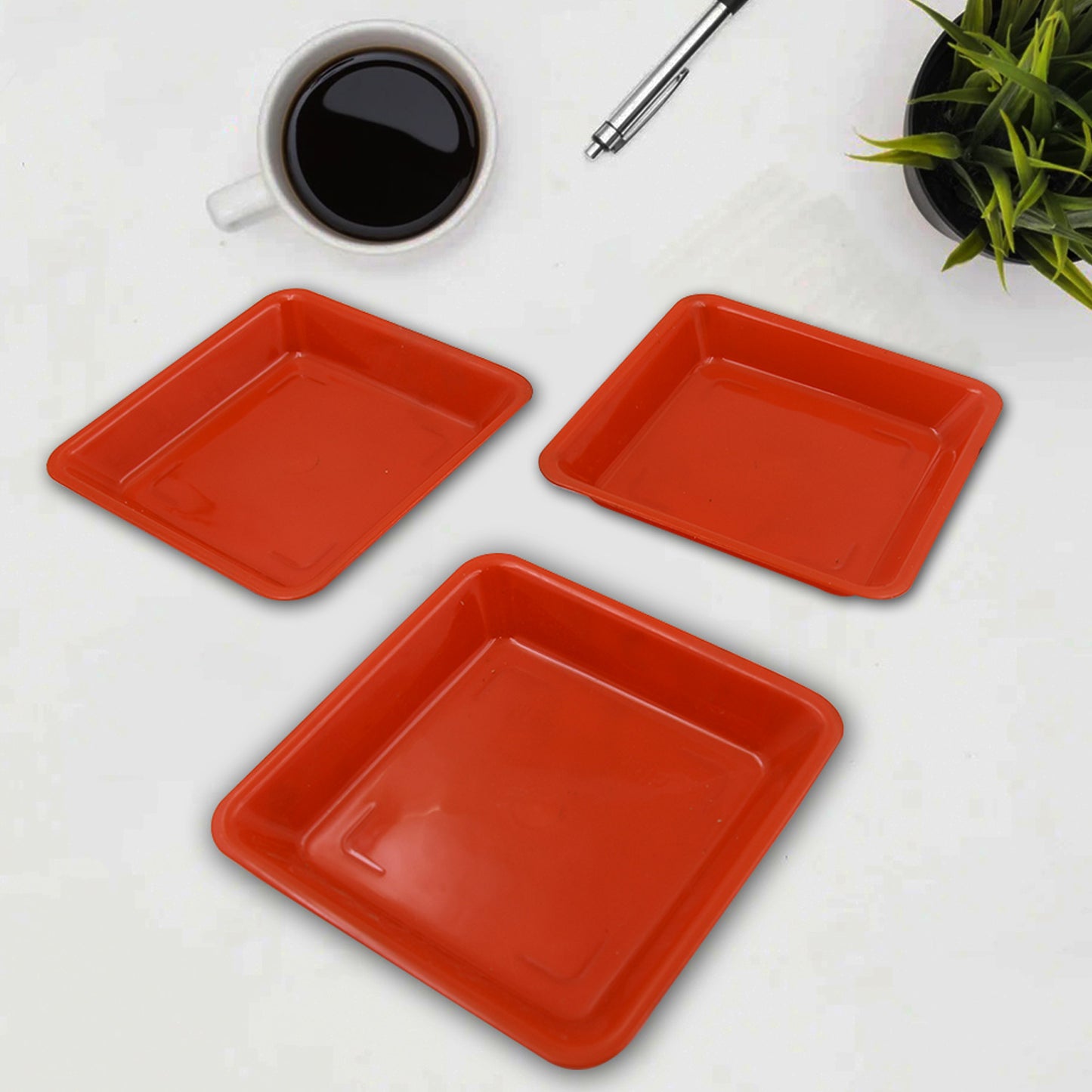 Set of three Wukusy square plastic Halwa dinner plates for snacks, breakfast, and serving in home, restaurant, or office settings