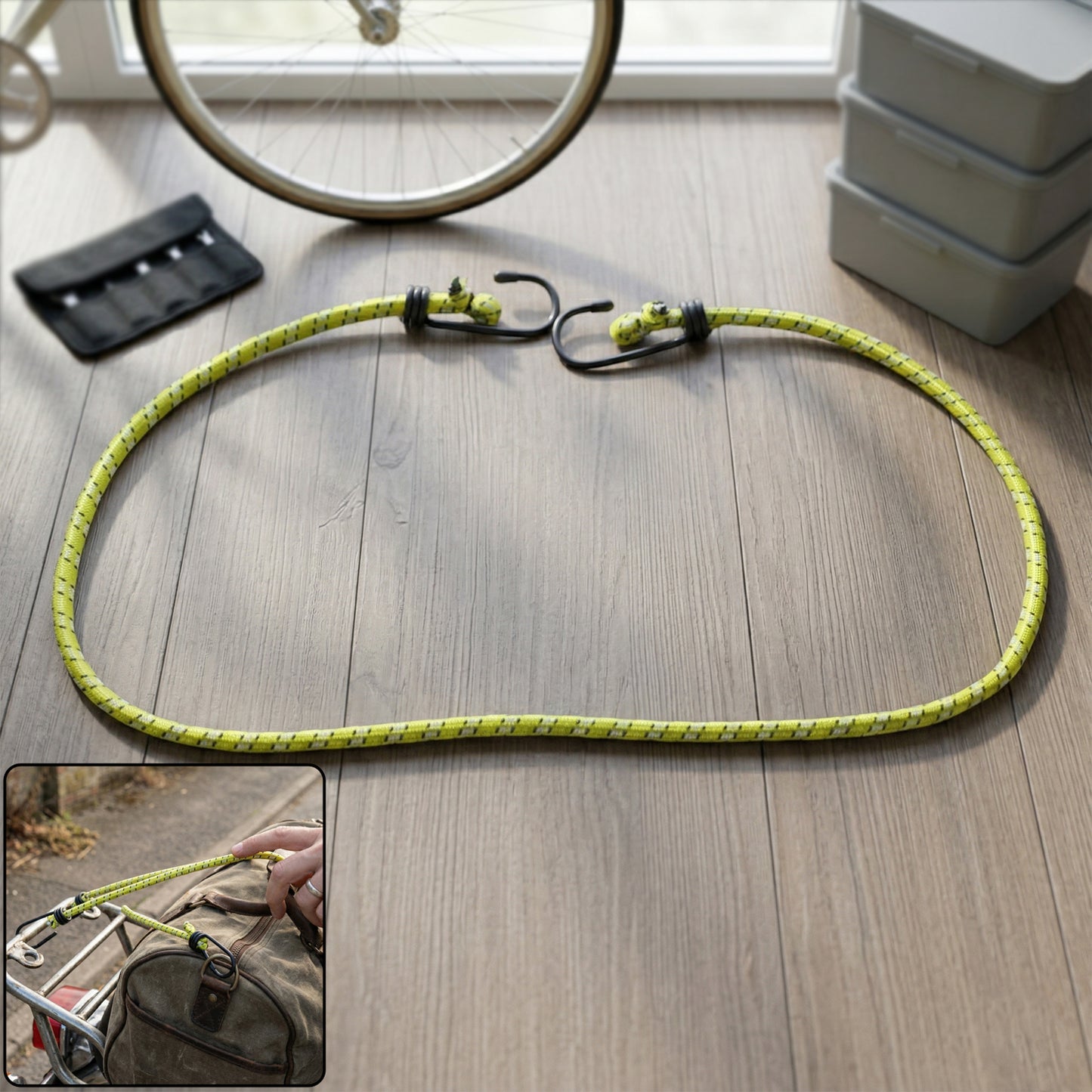 Wukusy heavy duty elastic luggage rope with hooks, 90 cm, used to secure suitcases and travel bags.
