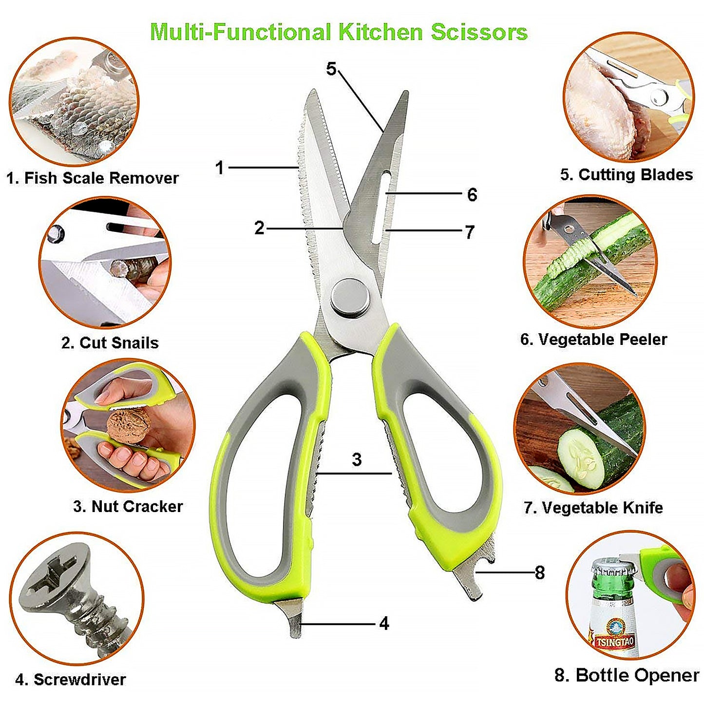 Wukusy 8193 stainless steel multi-purpose kitchen shears with magnetic holder, red heavy-duty kitchen scissors for various tasks
