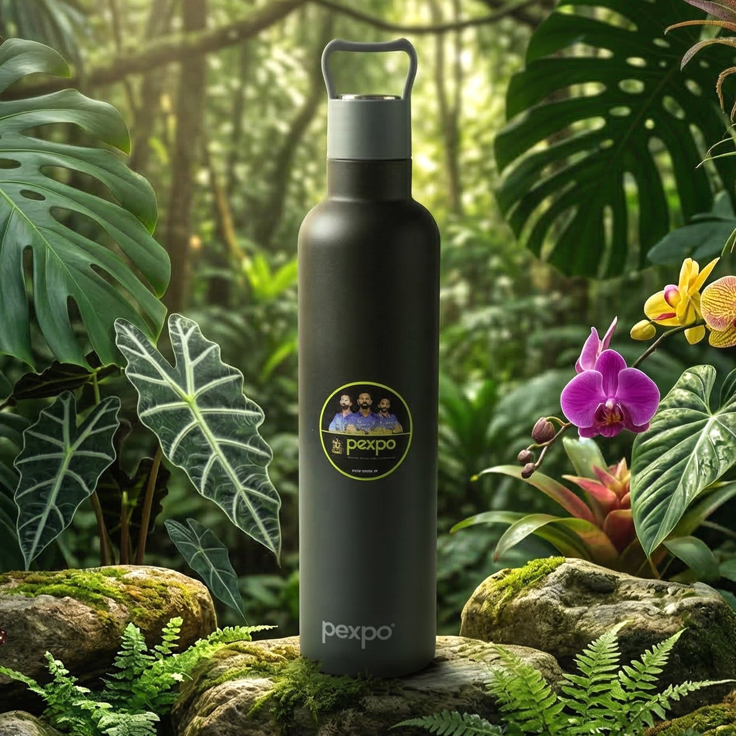 Wukusy Pexpo Oscar insulated stainless steel water bottle with leakproof lid, 750 ml, showing a sleek silver design and secure lid.