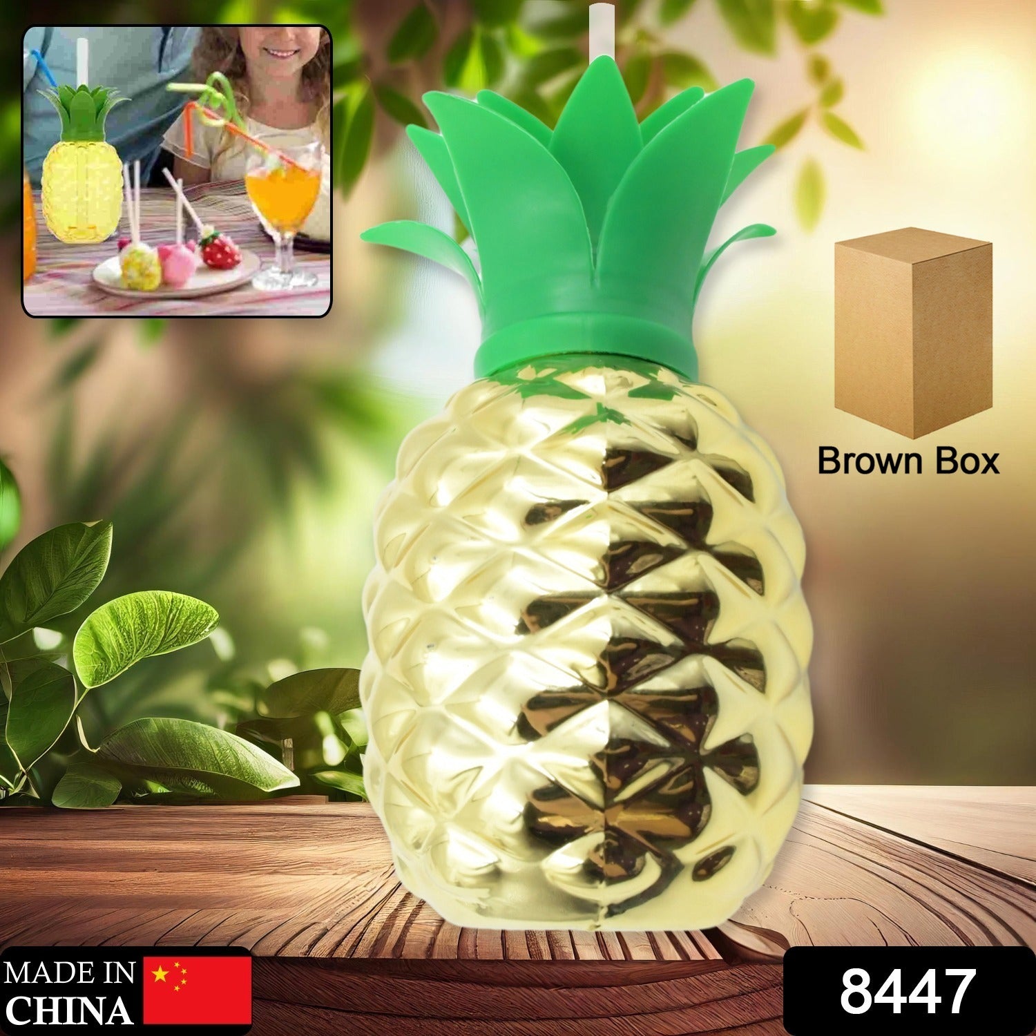 Plastic pineapple cup with straw, perfect for summer Hawaiian beach parties, featuring a pineapple design and brown box packaging.