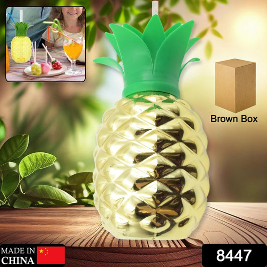 Plastic pineapple cup with straw, perfect for summer Hawaiian beach parties, featuring a pineapple design and brown box packaging.