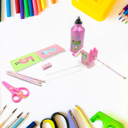 Wukusy 12-piece stationery set includes pencil box, compass, eraser, scissors, ruler, pencils, diaries, bottle, and sharpener for kids.