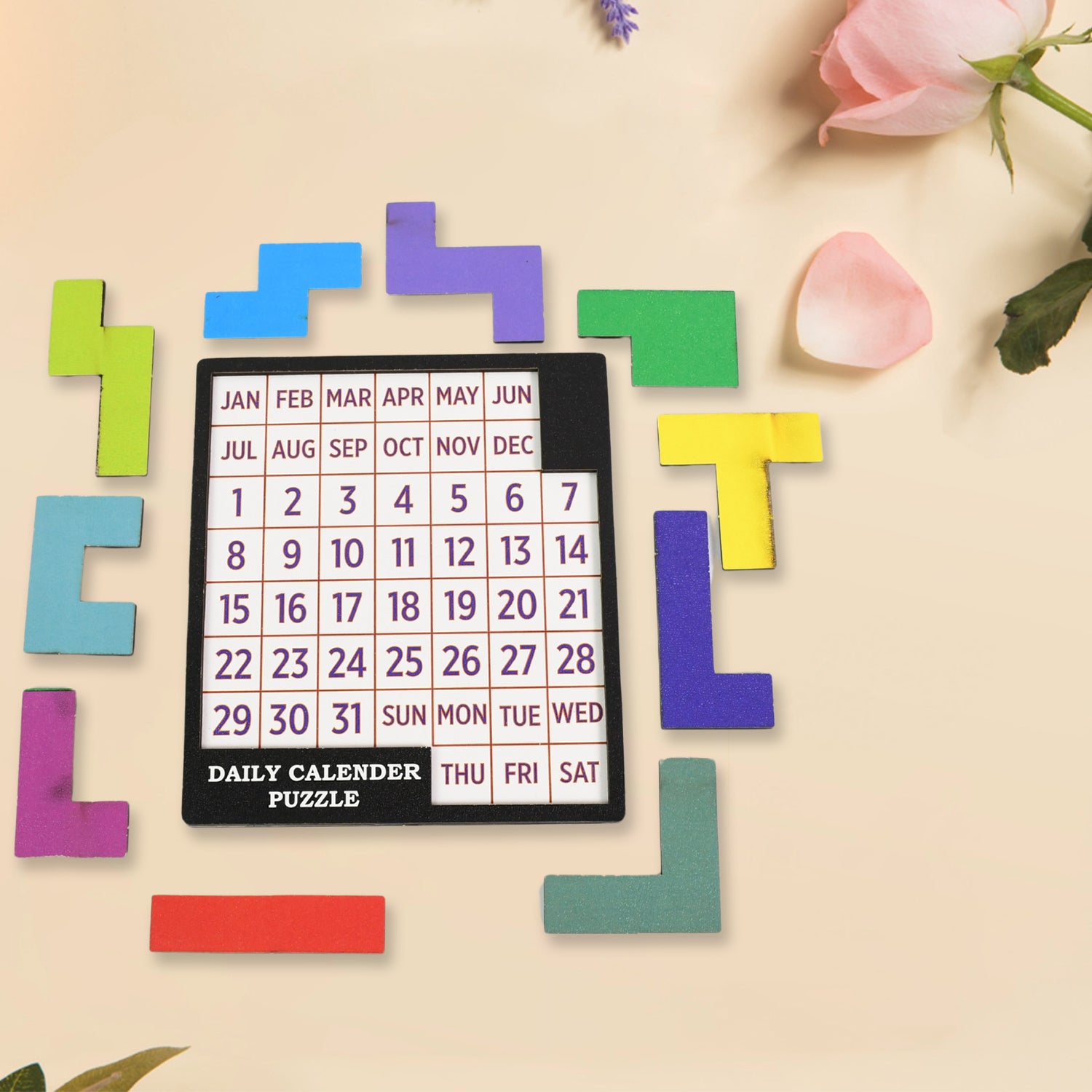Multicolor wooden daily calendar puzzle toy by Wukusy with movable pieces for learning dates and days.