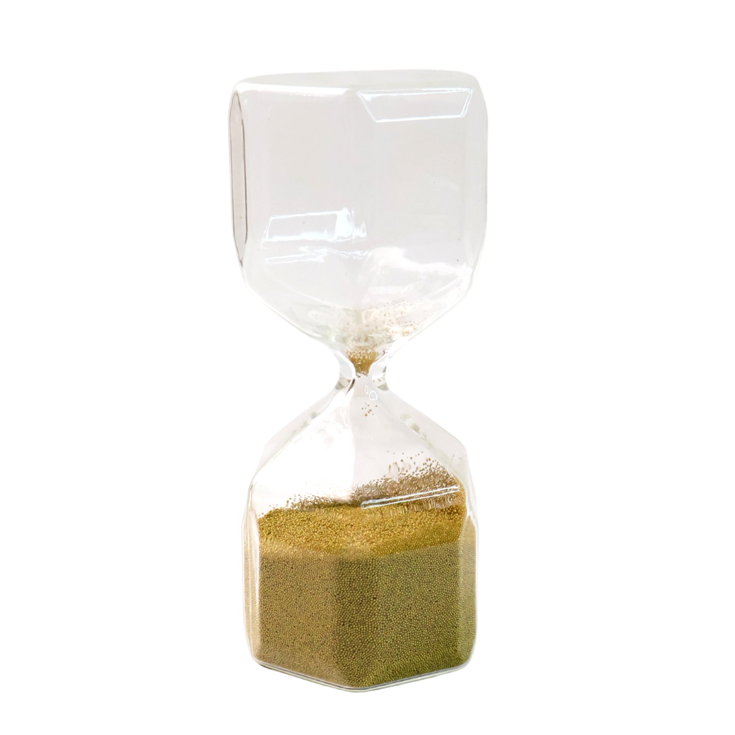 Faceted glass hourglass sand timer by Wukusy showing 4-minute countdown, ideal for office timing and decor.