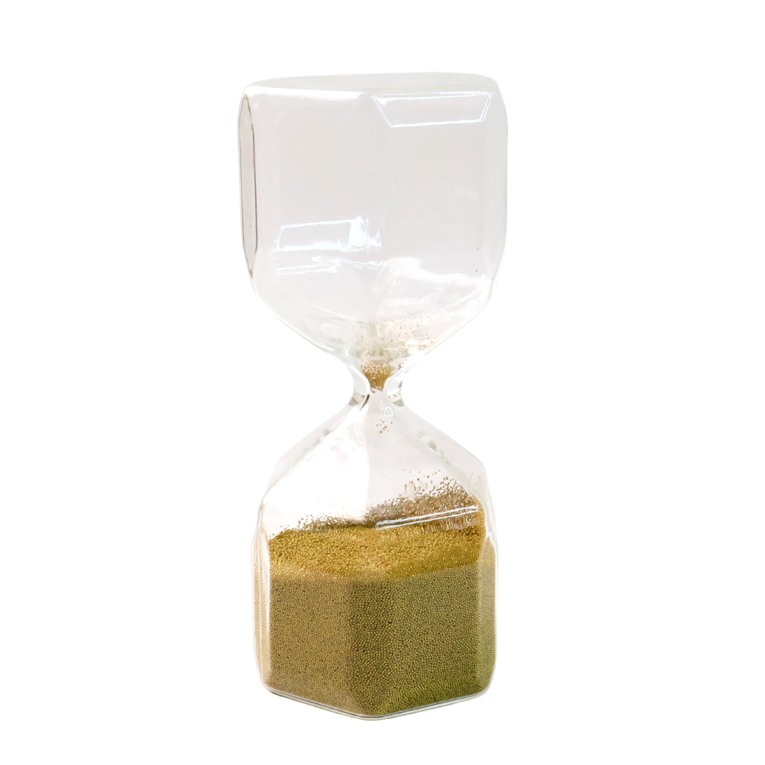 Faceted glass hourglass sand timer by Wukusy showing 4-minute countdown, ideal for office timing and decor.