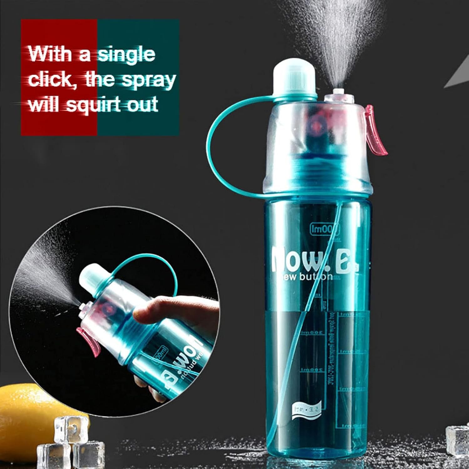 Multicolor Wukusy plastic 2-in-1 mist spray water bottle, 400ml capacity, shown with mist spray nozzle and ergonomic design.