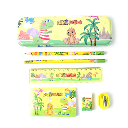 Colorful dinosaur printed kids stationery set by Wukusy includes notebooks, pens, and stickers with fun dinosaur designs.