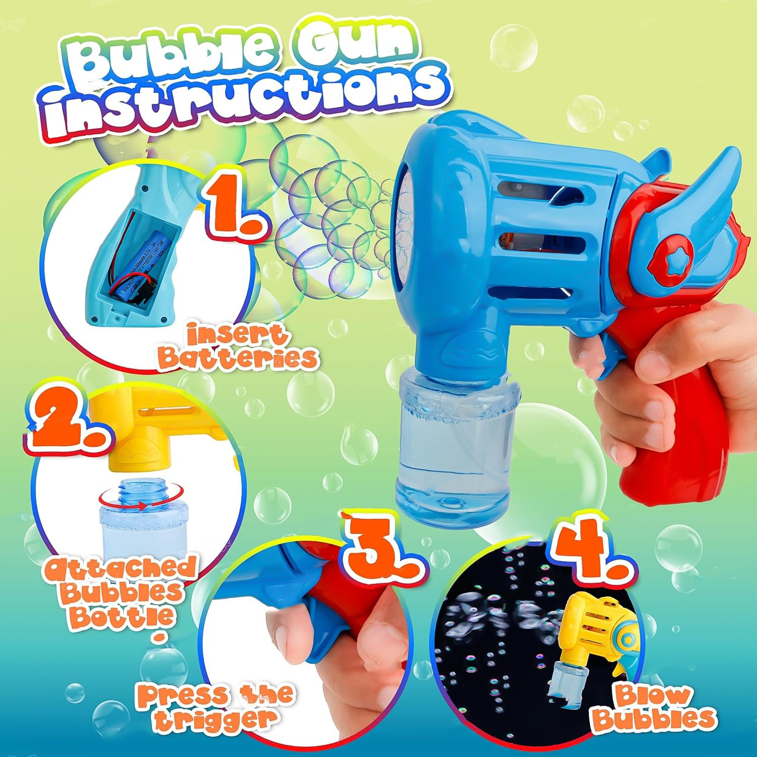 Wukusy rechargeable bubble gun toy for kids, colorful plastic toy with bubble solution, ready to create fun bubbles.
