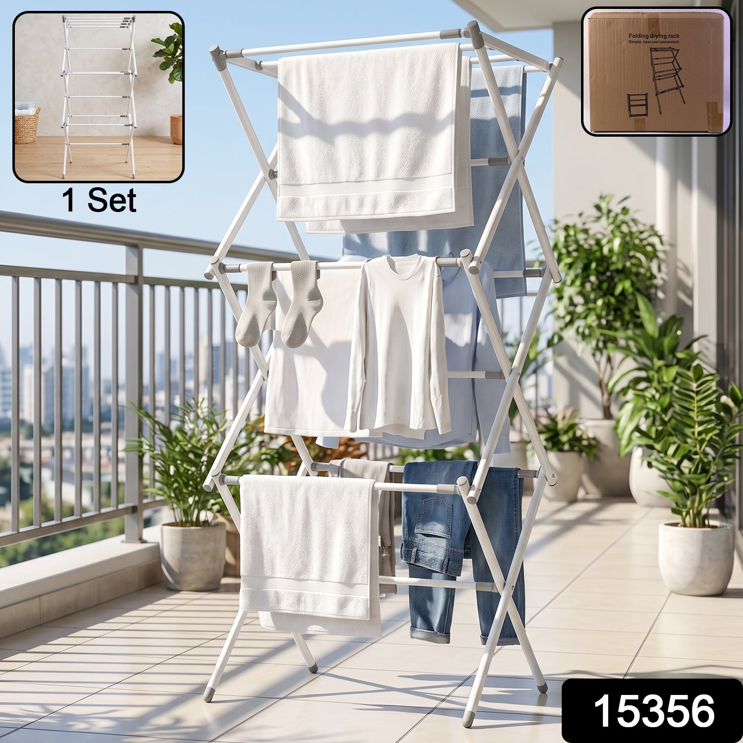 Wukusy 3-tier folding clothes drying rack with multiple bars for laundry, suitable for balcony use, in a compact, foldable design
