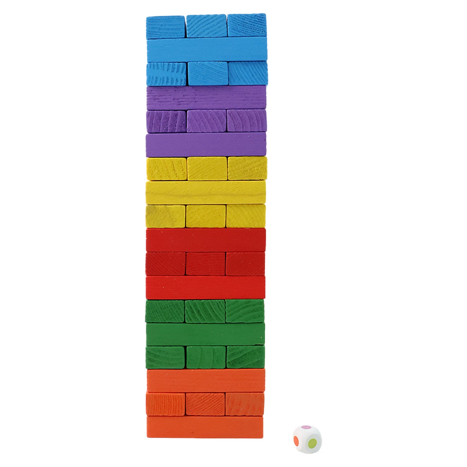 Wooden stacking tower game with 54 colorful pieces by Wukusy, arranged in a playful tower on a wooden surface.