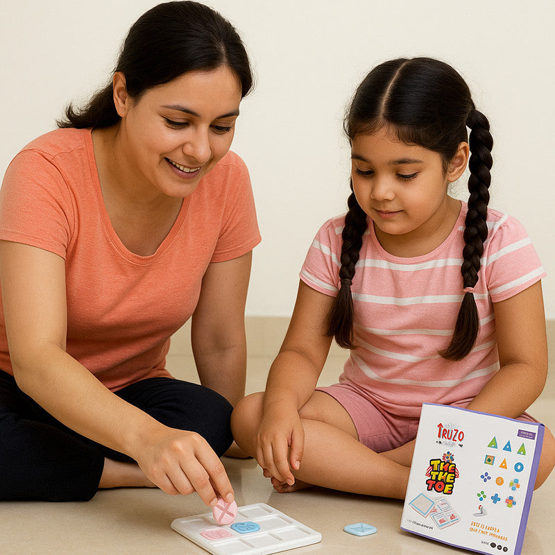 Wukusy Tic Tac Toe classic strategy board game for kids with a game board and X and O pieces on a wooden surface.