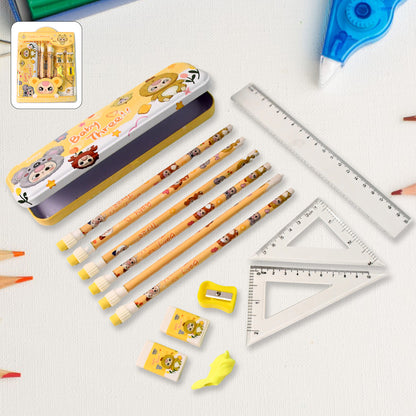 Colorful 14-in-1 Wukusy stationery kit for kids with pencils, markers, scissors, glue, and other school supplies arranged in a case.