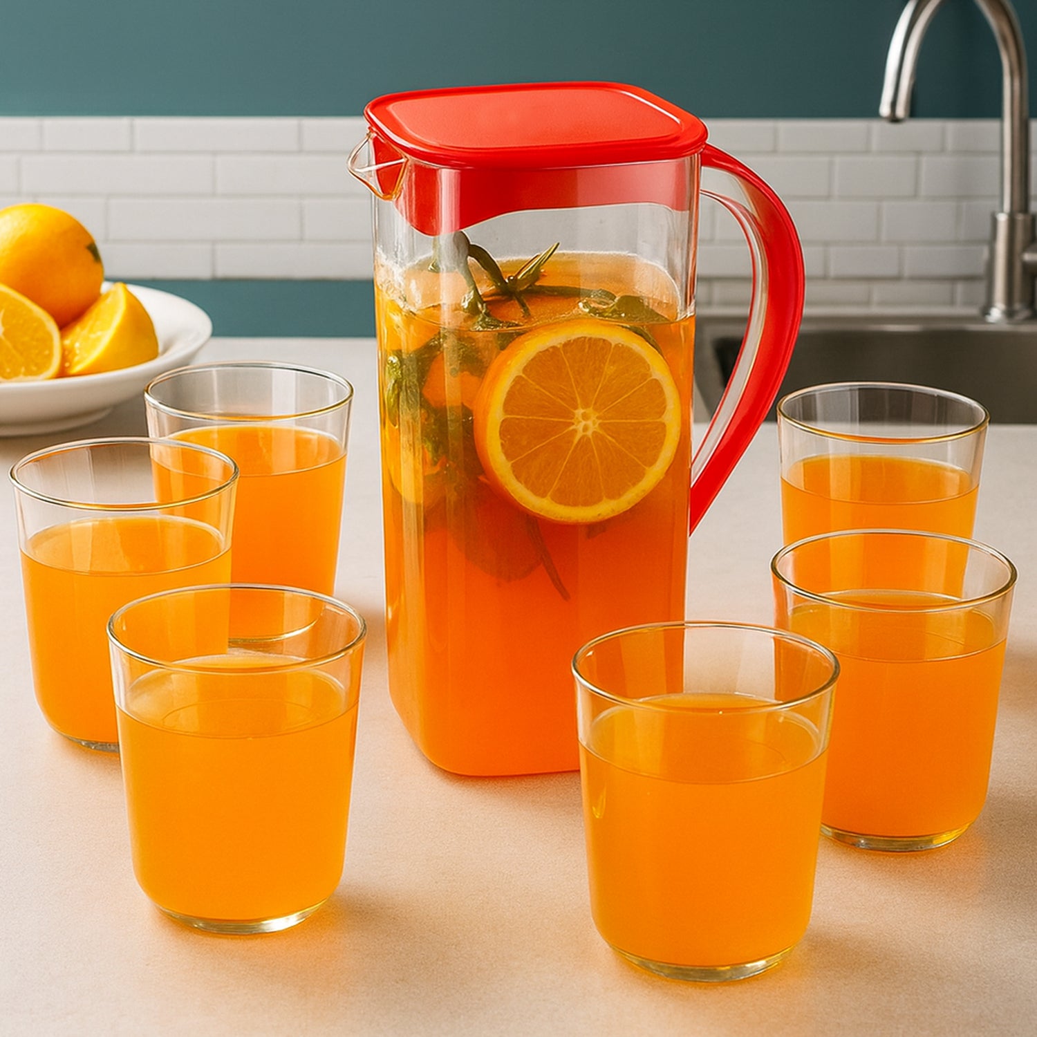Wukusy Supermom Marina Jug with 6 glass set, clear glass pitcher and matching drinking glasses for home use