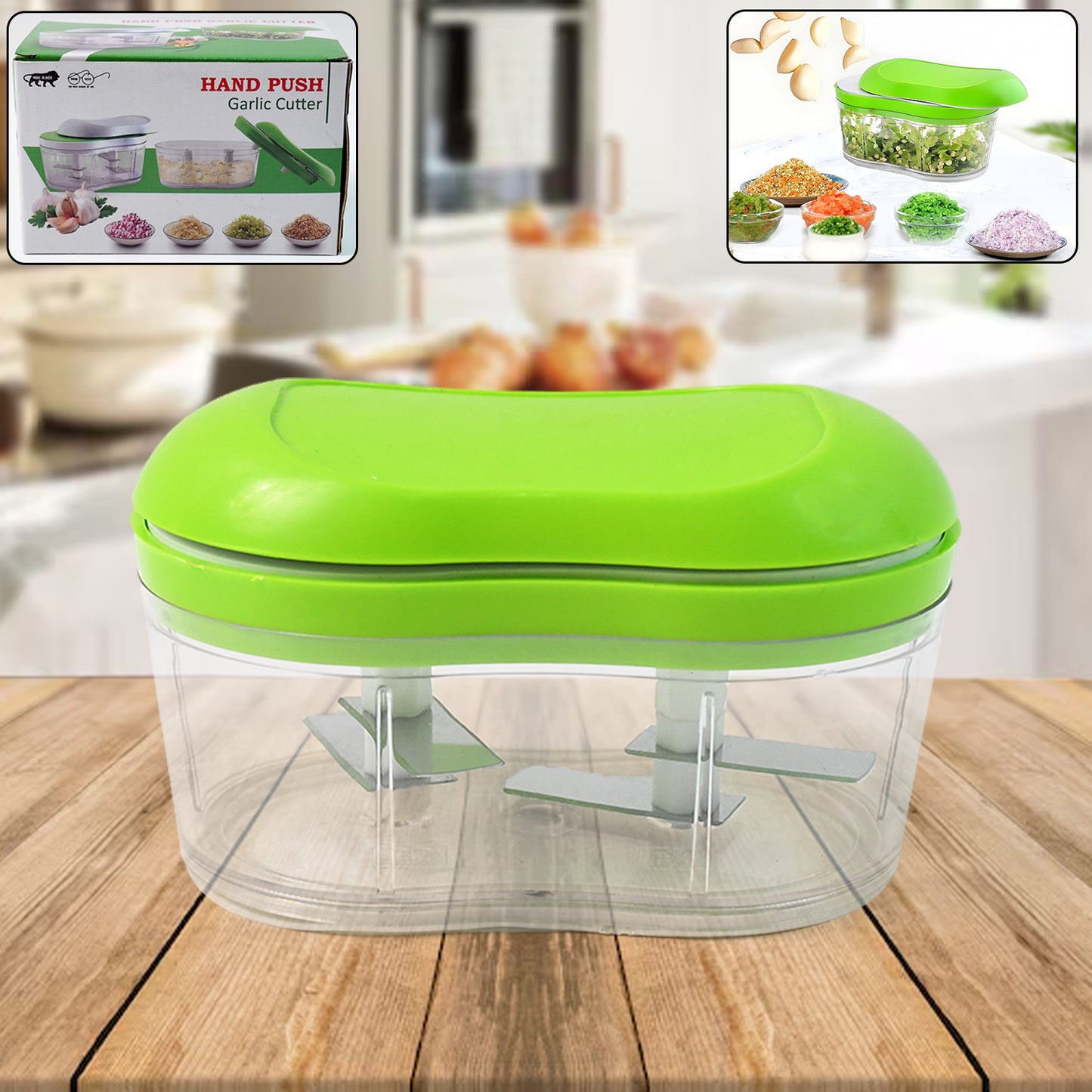 Manual Wukusy garlic and vegetable chopper, hand push cutter with stainless steel blades for easy kitchen prep.