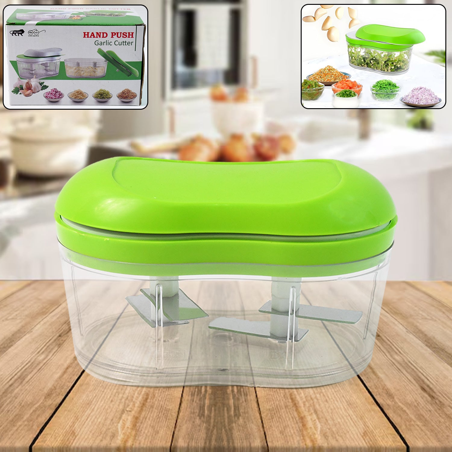 Manual Wukusy garlic and vegetable chopper, hand push cutter with stainless steel blades for easy kitchen prep.