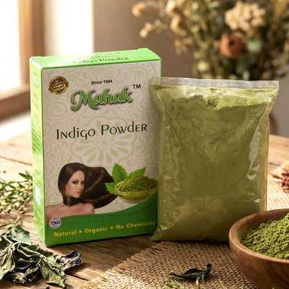 Natural Indigo Powder for traditional hair care by Wukusy, 80g, shown in a clear image with vibrant blue-indigo color in packaging.