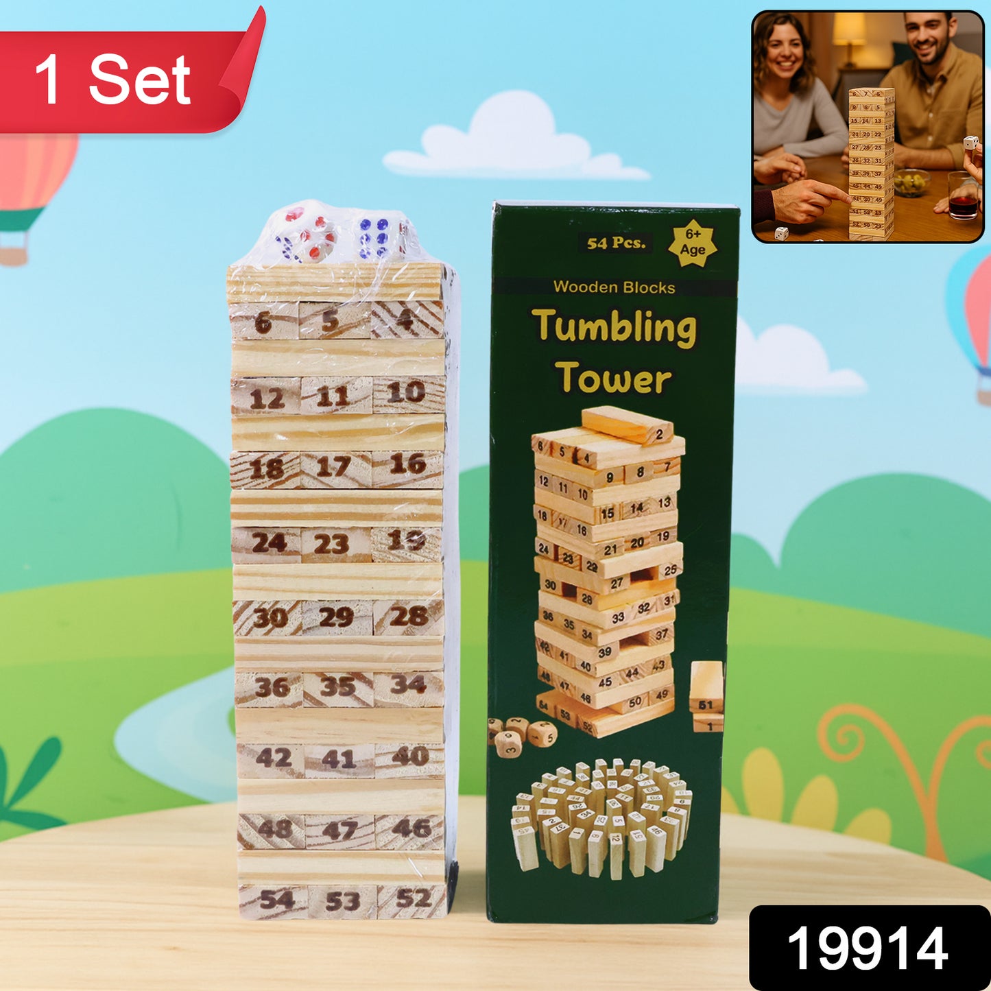 Wukusy tumbling tower wooden blocks game set with stacked natural wood blocks for stacking and balancing fun.