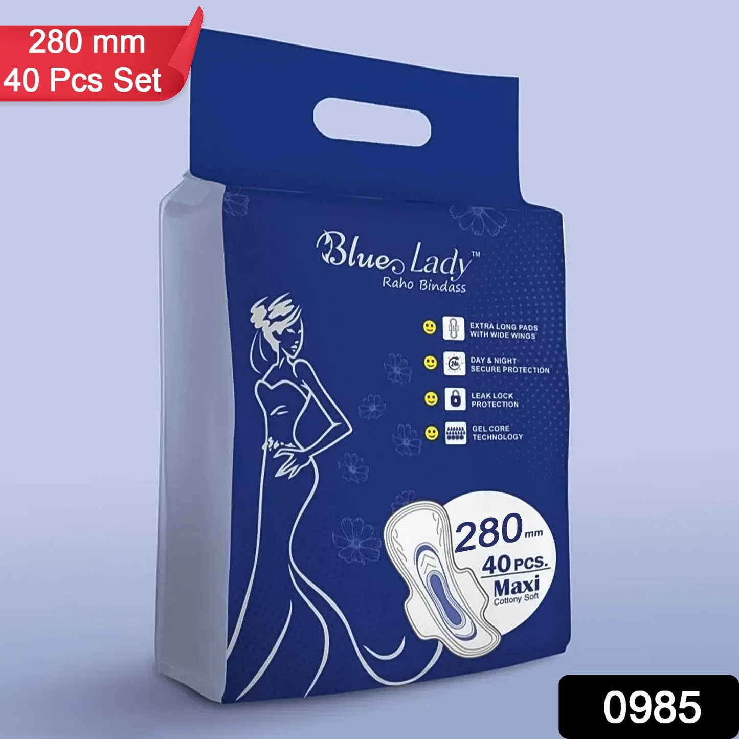 Blue Wukusy Lady Extra Long Sanitary Pads with wings, 280 mm, 40-pack, showing the pads with winged design and packaging.