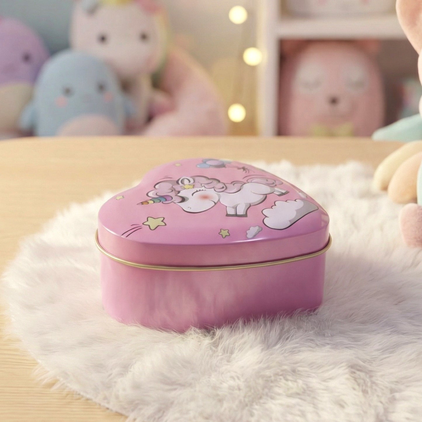 Heart-shaped unicorn printed storage box by Wukusy, featuring colorful unicorn design, suitable for organizing small items.