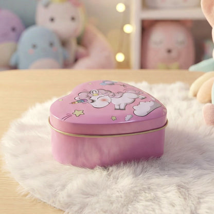 Heart-shaped unicorn printed storage box by Wukusy, featuring colorful unicorn design, suitable for organizing small items.