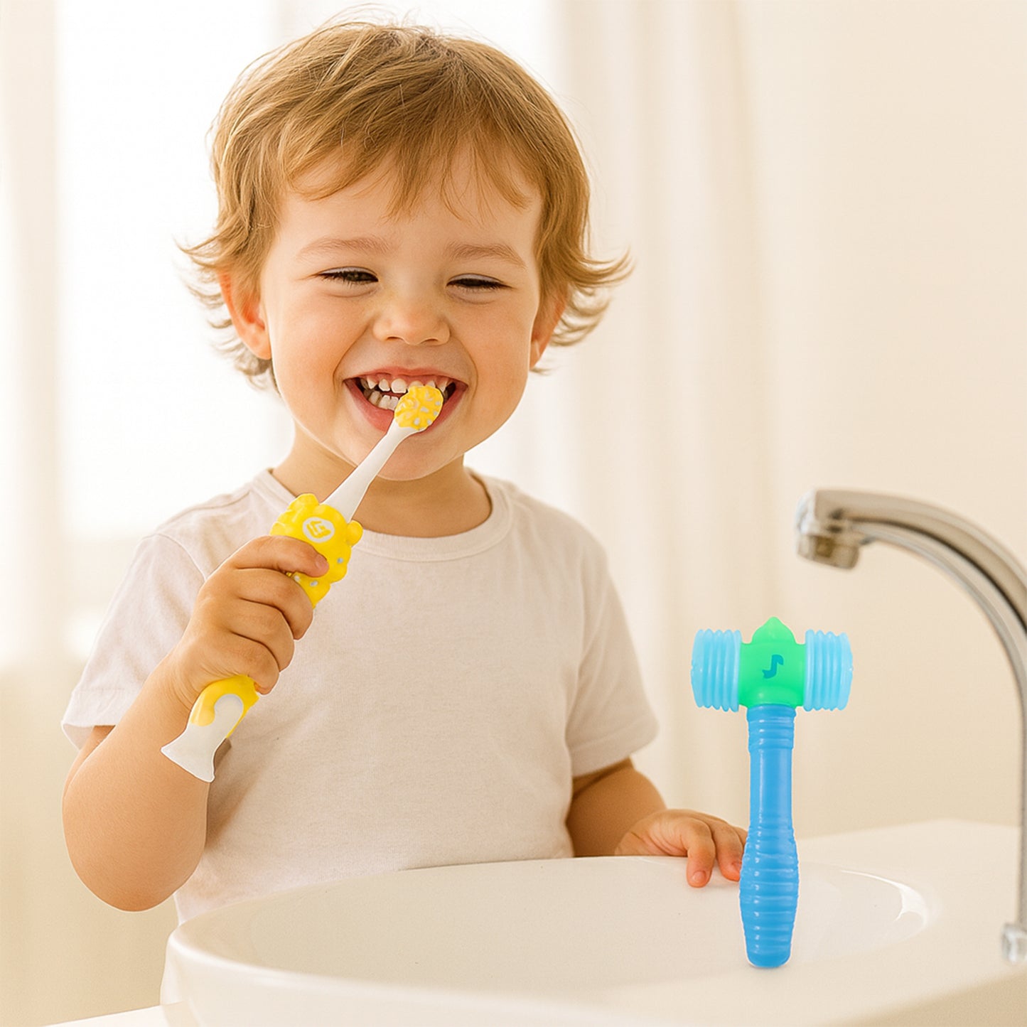 Kids toothbrush and hammer toy set by Wukusy, featuring colorful brushes and a playful hammer for imaginative play.