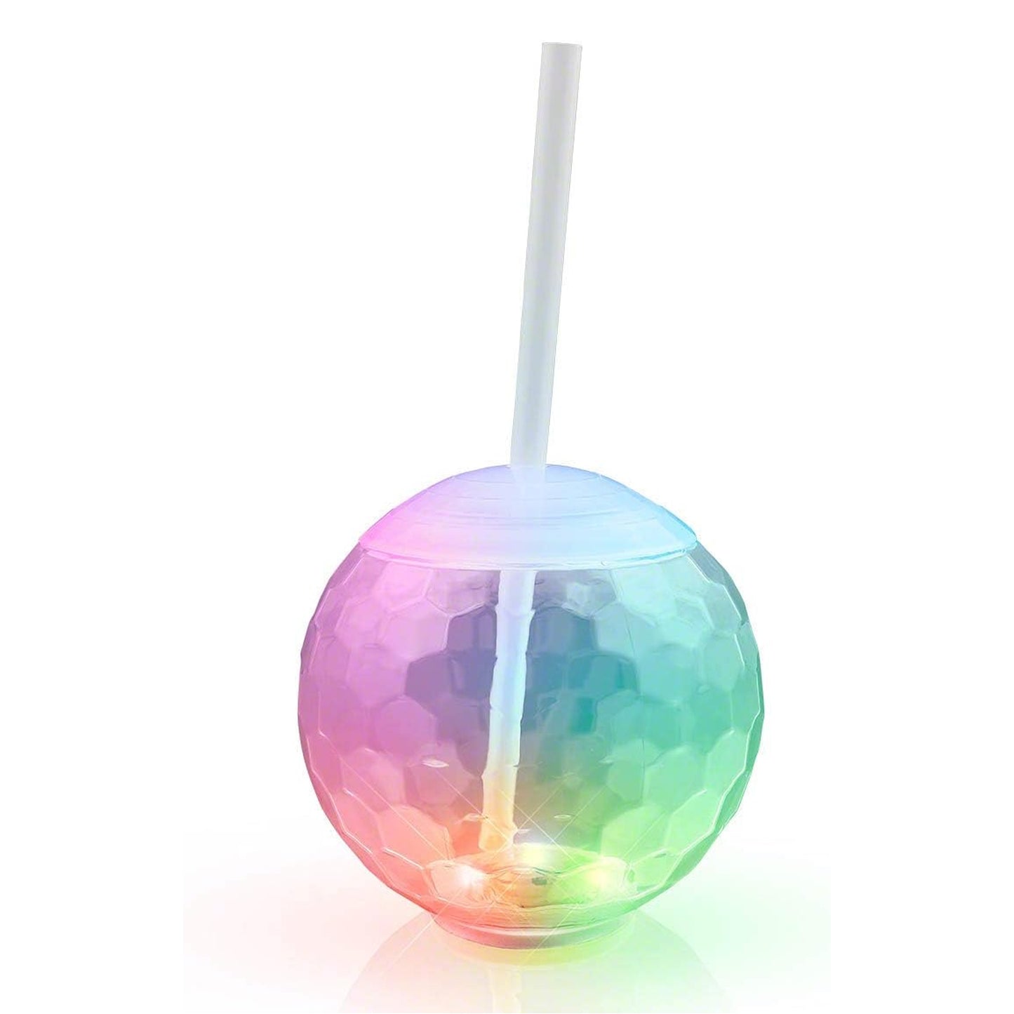 Wukusy LED glow drink cup with straw, illuminated plastic cup for beverages, glowing in vibrant colors in a dark setting