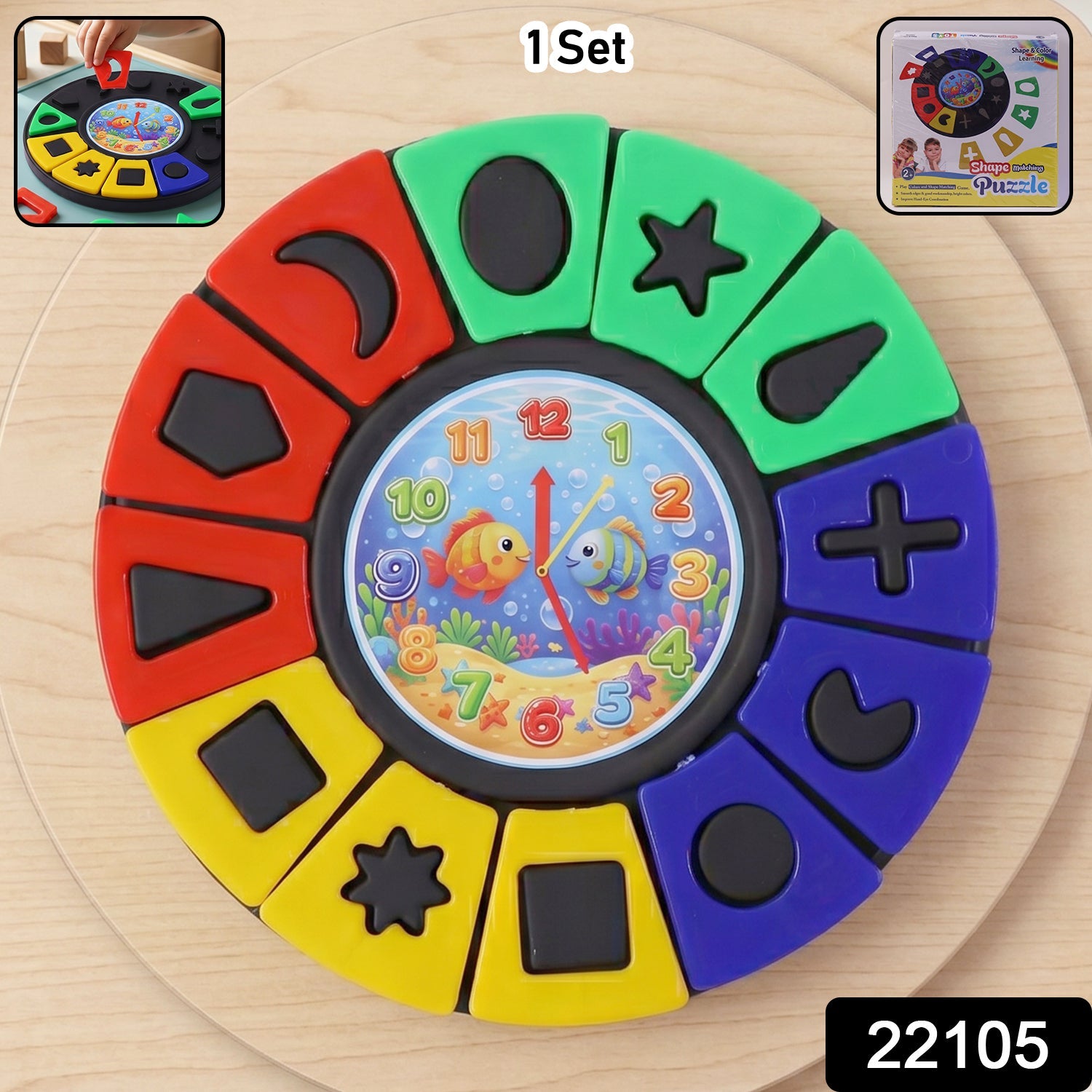 Color matching learning puzzle toy with clock for kids and toddlers, featuring shapes and vibrant colors by Wukusy.