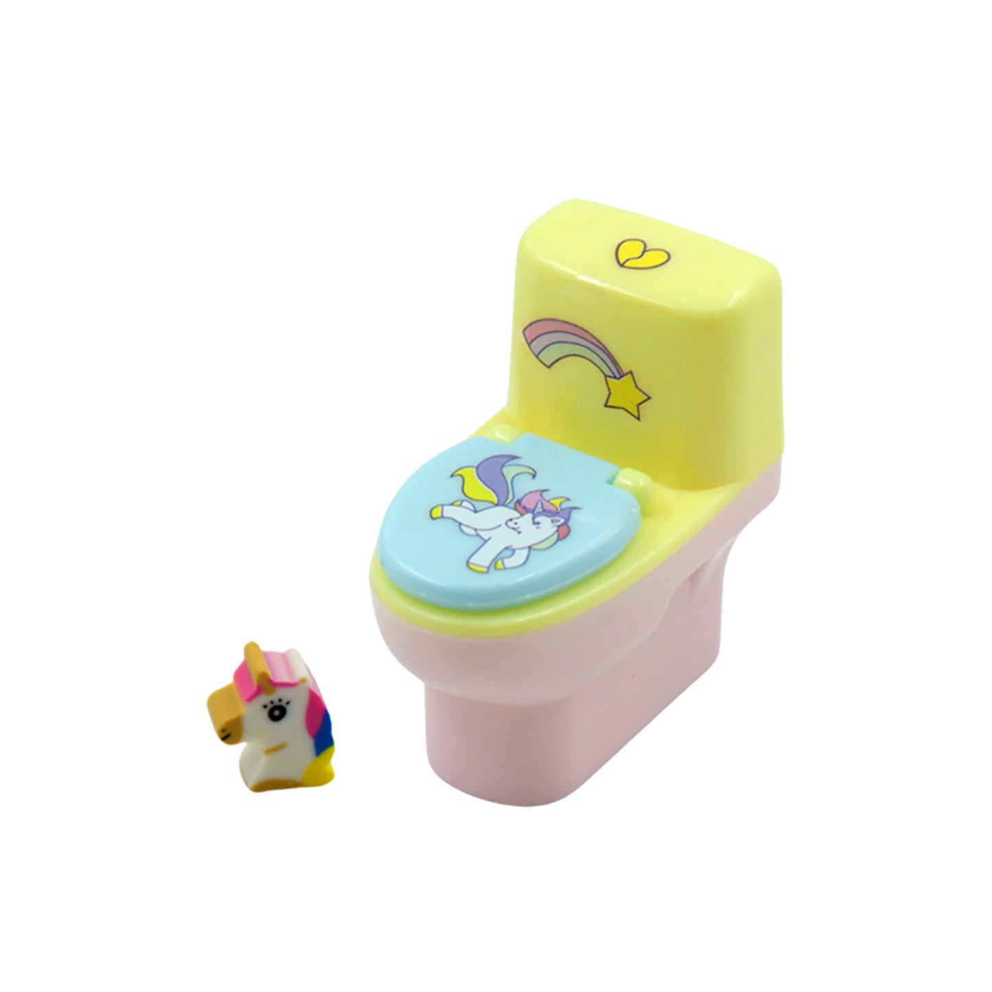 Wukusy toilet-shaped plastic pencil sharpener with eraser wheel, cute cartoon design, set of 2 for school kids.